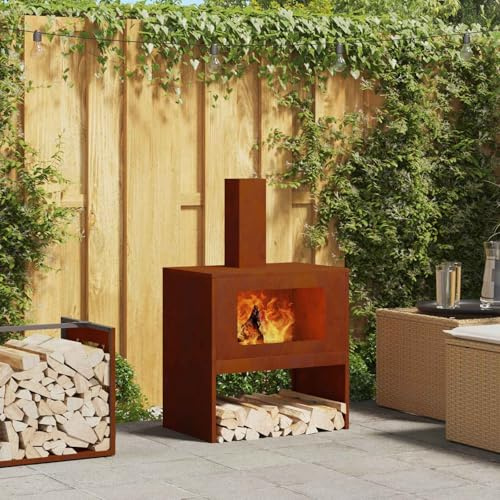 GeenYuu Feuerstelle Braun aus wetterfestem Stahl 60 x 40 x 96 cm mit Schornstein und offenem Design für Garten Terrasse Outdoor Wärme und gemütliches Ambiente