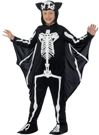 Smiffys Bat Skeleton Costume, Black & White with Hooded Bodysuit & Attached Wings, Halloween Child Fancy Dress, Bat Dress Up Costumes