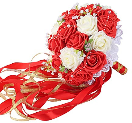 Febou Brautstrauß mit künstlichen Rosen, Spitzenperlenband, perfekt für Hochzeit, Kirche (langes Band, weiß + rot)