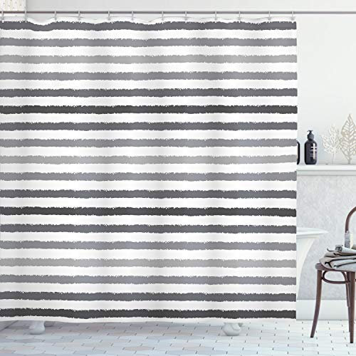 ABAKUHAUS Gestreift Duschvorhang, Grau und Weiß Grunge, Stoffliches Gewebe Badezimmerdekorationsset mit Haken, 175 x 240 cm, Weiß grau