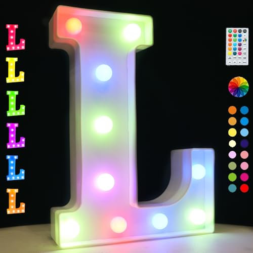 Light Up Colorful LED Marquee Letter Lights, 18 Colors Changing Alphabet Letters Sign with Remote Timer for Night Light Wedding Birthday Party Lamp Christmas Home Bar Decor- Colorful L