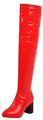 MISSUIT Damen Lack Overknee Stiefel High Heels Blockabsatz Boots Reißverschluss Chunky Heel Langschaftstiefel Winter Schuhe(Rot,40)
