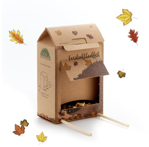 Die Stadtgärtner – Freiluftbuffet für Igel I Futterstelle für Igel I Wetterfeste Futterstation aus Naturkarton mit Holzstäben für einen sicheren Stand & 200g hochwertigem Igel-Futter