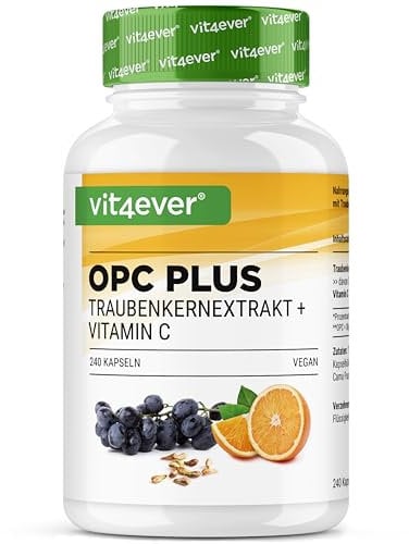 OPC extracto de semilla de uva + vitamina C natural - 240 cápsulas para 8 meses - El más alto contenido de OPC según HPLC - OPC de uvas europeas - Vegano