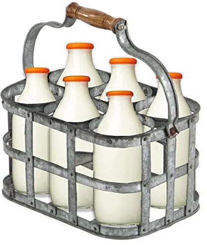 Trendi® Milk Bottle Holder Galvanized 4 Milk Bottles Doorstep Crate Carrier Traditional 7.75 (L) x 7.75 (W) x 6.25 (H) (6 Bottle Holder)