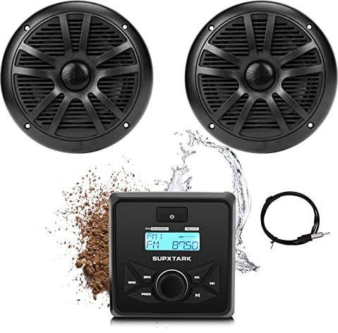 Sistema audio stereo marino con altoparlanti marini e pacchetto ricevitore calibro, ricevitore audio Bluetooth impermeabile IPX6 e ricevitore radio AM FM, USB, MP3, ingresso AUX, 2 altoparlanti marini