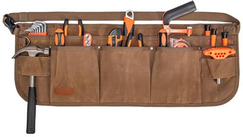 Tool Waist Apron, Heavy Duty Waxed Canvas Tool Belt, Waist Tool Belt with 10 Pockets and 2 Hammer Loops, Adjustable Length (Khaki)