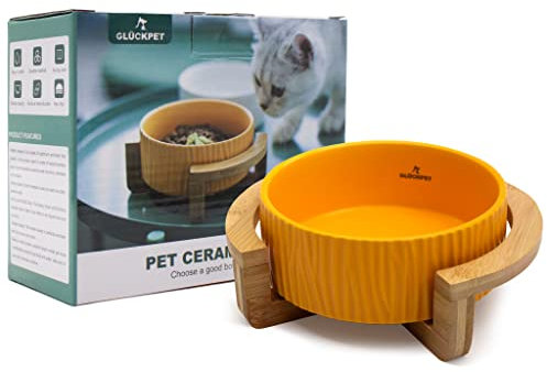 Cuenco de Cerámica para Gato, Base de Madera de Bambú, 400 mL, Amarillo