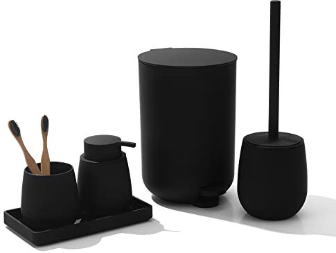 GAHEFY Juego de 5 Accesorios de baño con Cubo de Basura pequeño de 3 litros, Soporte para Cepillo de Dientes, dispensador de jabón, tocador, escobilla de Inodoro y Soporte, Color Negro