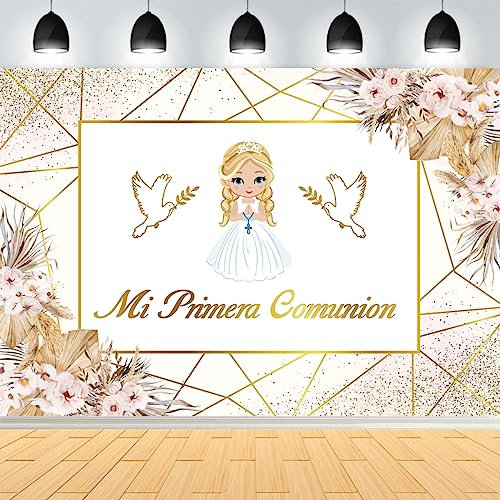 ASOOYNUM 2,1 x 1,5 m Erste Kommunion Hintergrund für Mädchen Boho Blume Getrocknete Palme Mi Bautizo Gott Segen Taufe Hintergrund Erste Heilige Kommunion Banner