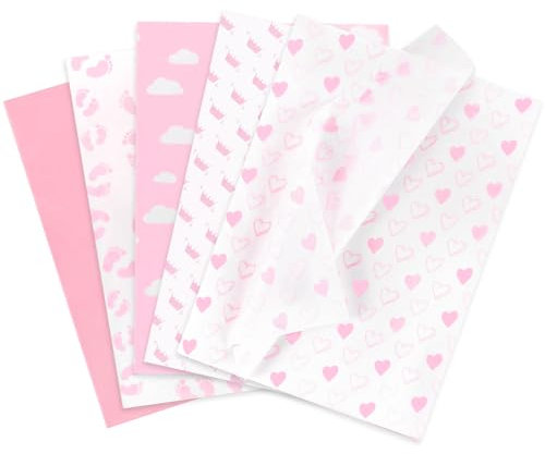 Larcenciel Seidenpapier 50 Blatt, Baby-Fußabdrücke Seidenpapier Rosa zum Geschenktüten und Geschenkverpackung, Niedliches Baby-Mädchen-Design Geschenkpapier für Taufen, Geburtstage, Jubiläen, 50x35cm