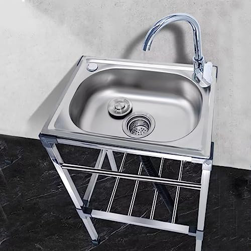 Fregadero Comercial de Acero Inoxidable Con Agua Fria Y Caliente Grifo Fregaderos de Cocina Independientes,1 Compartimientos Fregadero Exterior,Para Restaurante,Lavandería (38x33x83cm)