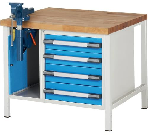 eurokraft | Werkbank | Gestellbauweise Serie 8000 | 4 Schubladen: 2 x 120 | 2 x 150 mm | 1 Schrank | BxT 1000 x 900 mm