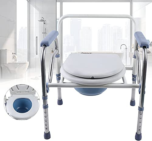 Chaise percée pliable - Hauteur réglable - Siège de toilette fixe - Pour personnes handicapées - Chaise de douche pliable robuste - Aide aux toilettes - Seau pour personnes âgées - Pliable - Avec