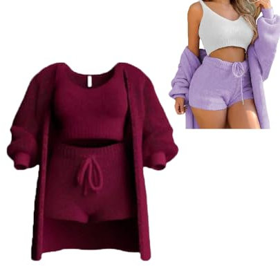 DYJAGYO Gestricktes Fleece Langarm Jacke Weste Shorts 3 Stück Set, Cosy Knit Set, Miscosy Knit (Red, Large)