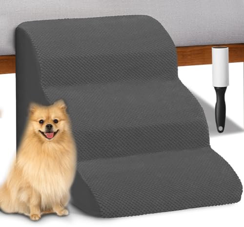 BAKAJI Scala per Animali Domestici con 3 Gradini e Rullo Rimuovipeli, Rivestimento Sfoderabile in Tessuto a Coste, Rampa per Gatti e Cani Anziani, Scaletta Imbottitura Schiuma Alta Densità (Grigio)