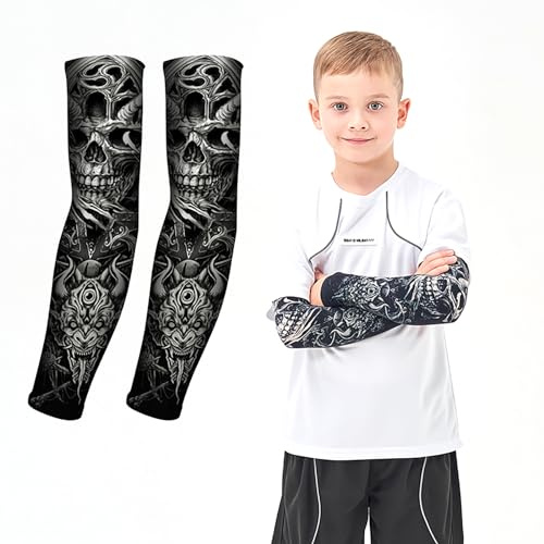 AHXN UV Sun Protection Arm Sleeves for Kids & Youth, UPF 50 Cooling,Basketball Shooting Tattoo Sleeves - Football, Baseball (Soul Festivals)