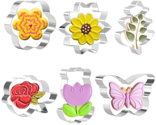 Crethink 6 Pieces Spring Cookie Cutters Set for Baking - Tulips, Leaves, Flowers, Sunflowers, Rose and Butterfly Shape Stainless Steel Biscuit Cutter for Springtime, Easter