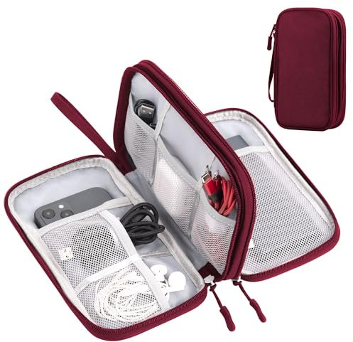 Organizador de Cables para Viaje con Doble Capa - Bolsa Técnica Impermeable para Cargadores, Teléfonos, Auriculares, Tarjetas | Travel Essentials para Viajes Accesorios, M, Rojo Vino
