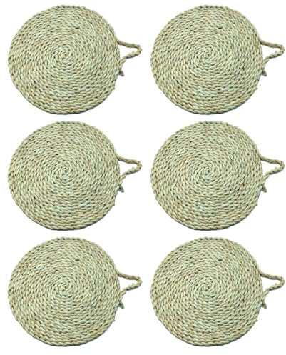 Tradineur - Pack de 2 Salvamantel Redondo de Mimbre - Reutilizable, Mantel Individual, Alfombrilla de Mesa, Protector, Cocina - Color Natural - 30 cm (C/Asa)