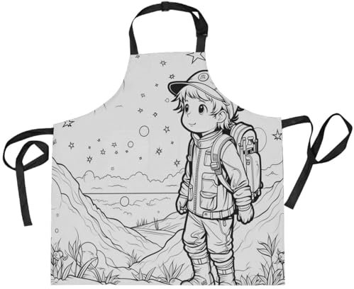 Delantal, Chico De Arte Lineal Incompleto Delantal De Barbacoa Personalizado,Con Bolsillo Delantal Con Peto Delantal De Cocina Para Camarero Barbacoa Jardín 70x84cm