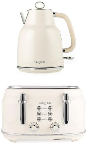Salter Retro Kettle & Toaster Set – 1.7L Fast Boil Kettle With Removable Limescale Filter, 4-Slice Wide Slot Toaster, Thick Bread, High Lift Eject, Blue Indicator Lights, 3kW/1630W, Cream, COMBO-9352
