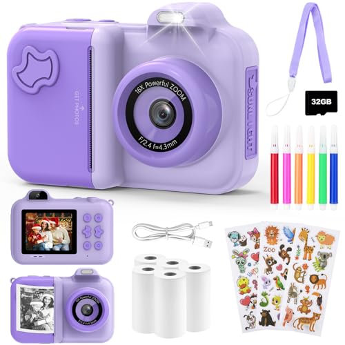 Macchina Fotografica Bambini Istantanea, 2.4 Fotocamera Digitale Selfie con 24MP/1080P HD Videocamera, 32GB Scheda, 5 Rotoli Carta Stampa Fotocamera Bambini per Ragazze Ragazzi da 3-14 Regalo, Viola