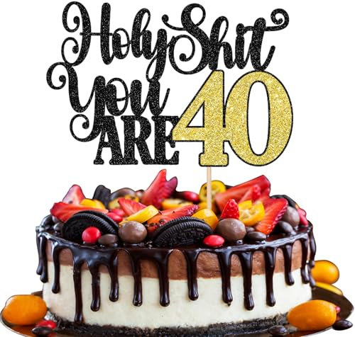 Xsstarmi 1 Pack 40th Birthday Cake Topper Glitter Holy You Are 40Cake Pick Cheers to 40 Years Cake Decorations for 40 Fabulous Forty Happy 40th Birthday Party Supplies