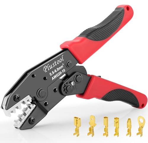 Plustool Crimping Tool for Non-Insulated Open Barrel Terminals & Receptacles AWG 20-10, Ratcheting Wire Crimper Tool - Crimping Pliers - Electrical Crimping Tool