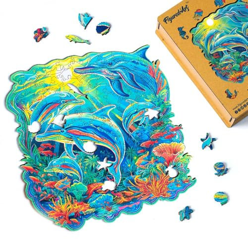 Figured'Art Holzpuzzle Erwachsene und Kinder 200 Teile Tiere - Delfine im Korallenriff - Originelles Design 28x28,5 cm Einzigartige Form mit Premium-Holzkiste