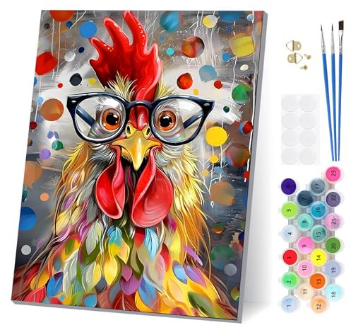 EOBROMD Peinture Numero Adulte Coq avec Lunettes avec Cadre, Paint by Numbers avec Pinceaux Peintures Acryliques, Kit de Peinture à l'huile sur Toile pour Décoration de la Maison 30x40cm