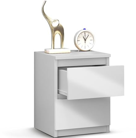 Beneli Nachttisch Glanz Weiß 30x30x40 cm, Kleiner Schrank mit 2 Schubladen, Stilvolles Beistellmöbel für Schlafzimmer, Wohnzimmer & Flur, Zeitloses Design