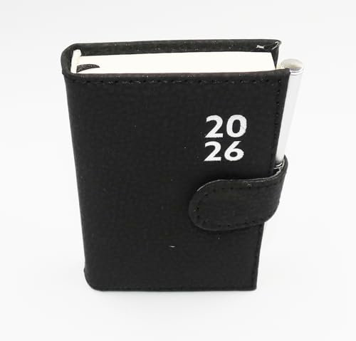 Sixstore Taschenkalender 2026, Seite pro Tag, weiches Leder, 10,7 x 7 cm, PU-Leder, mit Stift, Schwarz