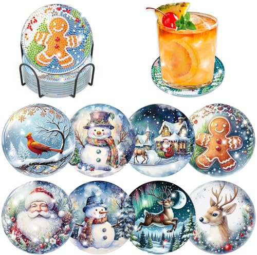 Lxmsja 8 STK Diamond Painting Untersetzer Weihnachten mit Halter, Schneemann Diamant Painting Bilder Erwachsene Kinder, Hirsch Diamant Tassenuntersetzer mit Kork, Kreativ Set für Weihnachten Deko