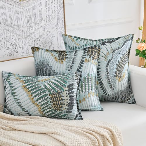 Yonous Premium Series Nature-Inspired Feather Wing Cushion Covers, Premium Polyester & Dutch Velvet Throw Pillow for Home Décor, Covers Only, Turquoise, 18x18 Inch / 45 x 45 cm