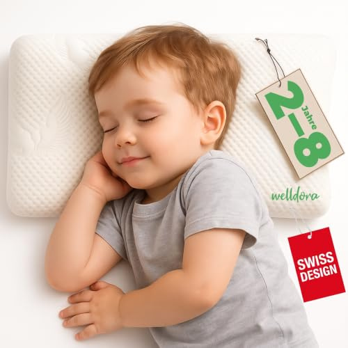 Welldora Kinderkissen 30x50 | Memory Foam | extra flach | Kinder 2–8 Jahre | Ergonomisches Kopfkissen für Kinder | Atmungsaktiver 3D-Tencel-Bezug | OEKO-TEX zertifiziert | Waschbar und kuschelig weich