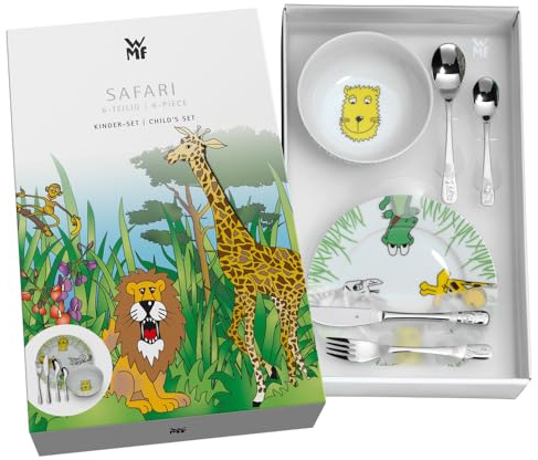 regalo grabado Cubiertos Infantiles Personalizados Vajilla Safari +3 Años | Set de 6 cubiertos y vajilla infantil de acero inox y porcelana, Grabado de nombre y fecha, Apto para mayores de 3 años