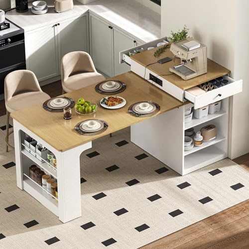 Lexiou Isla de Cocina con Ruedas, Mesa de Comedor Extensible con Parte Superior Extraíble, Mesa de Bar con Regletas, Sirve como Aparador o Escritorio para Cocina y Comedor (Blanco)