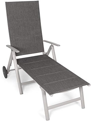 Vanage Sonnenliege Klappbar Aluminium Mit Rollen, Gepolstert, 7-Stufen Verstellbar, Belastbar Bis 100 kg, Wetterfest, Gartenliege, Grauer Rahmen Und Melange Textil