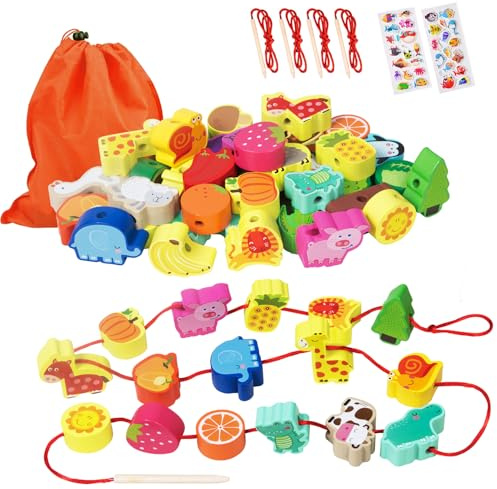 Montessori Educational Wooden Lacing Beads Toys for Toddler 3 4 5 Year Old, Farm Animals Fruits Vegetables Threading Toys Preschool Stringing Fine Motor Skills Toy for Boys Girls [with 3D Stickers]