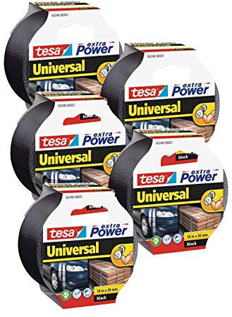 tesa Extra Power Universal Gewebeband (Wetterfestes Reparaturband, 10 m x 50 mm) (5x Schwarz)