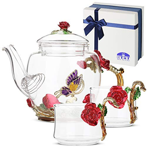 BTaT- Floral Glass Tea Set for Adults, Service for 2, Fancy Glass Pot (8 oz) & Cups (2 oz), Red Butterfly & Flower Design with Gift Box, Tea Pot Sets for Women Gift, Christmas Gifts