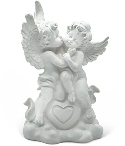 FeinKnick großes Engelpaar als Deko Figur - liebevolle Engelsfigur mit Herz 25 cm groß aus Marmorit in Weiß - Skulptur Dekoengel als Dekoration - Engel als Symbol für Verbundenheit zweier Menschen