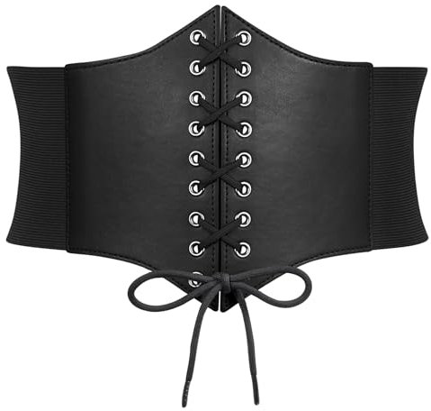 SUOSDEY Black Corset Waist Belt for Women Tied Waspie Belt Lace-up Cinch Belt Elastic Wide Belt for Halloween Theme Party