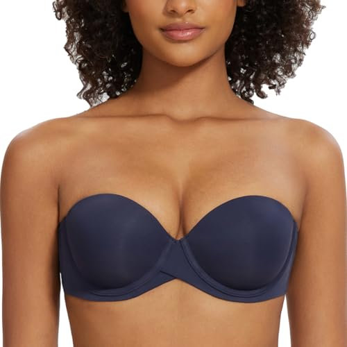MELENECA Women's Push up Strapless Bras with Lift Stay Put Padded Cup Navy Blue 34D