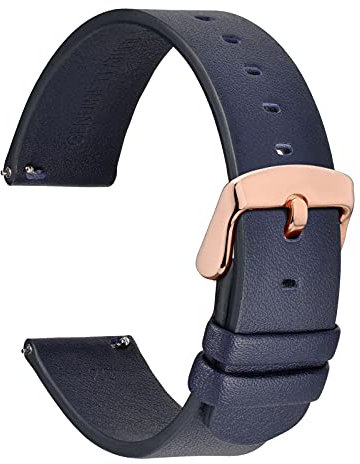 WOCCI 18mm Dünne Flache Leder Uhrenarmband für Smartwatch mit Roségoldener Schnalle (Marineblau)