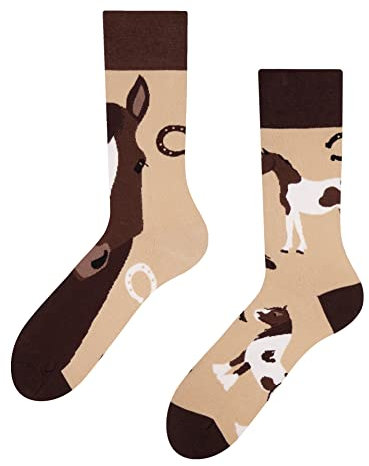 Dedoles Socken Unisex Damen Herren & Kinder Baumwolle viele lustige Designs 1 Paar Geschenk links rechts verschieden, Farbe Beige, Motiv Pferde, Gr. 39-42