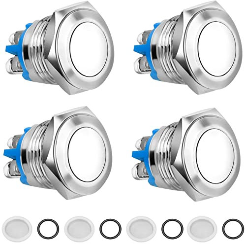 iYInJuan 4 Piezas 16mm Momentáneo Pulsador de Botón Metálico Encendido/Apagado, Interruptores Acero Inoxidable Impermeable Plana Top ON/OFF Pulsador Terminales de Tipo Tornillo Plata