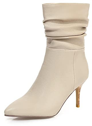 PAUVAODY Mode Damens Pleated stiefel Stiletto H?he Ferse Mid Calf Stiefel Pull On Pointed Toe Party Heels Dress Stiefeletten Lack Beige Size 34