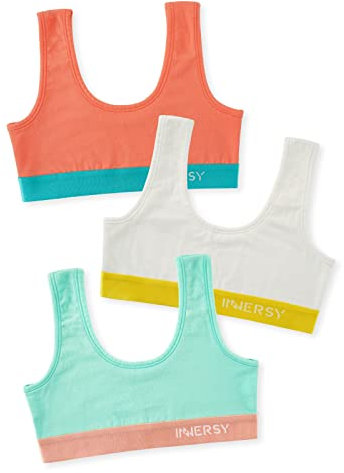 INNERSY BH Mädchen Teenager Bustier Baumwolle Sports Bra ohne Bügel Kinder Büstenhalter 3er Pack (L, Weiß/Rosa/Hellgrün)
